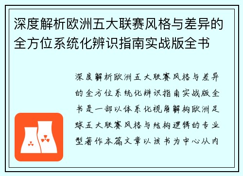 深度解析欧洲五大联赛风格与差异的全方位系统化辨识指南实战版全书